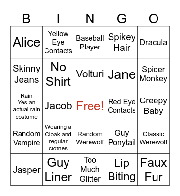 Twilight Costumes Bingo Card