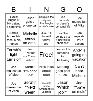 Production Meeting Minutes Bingo Card