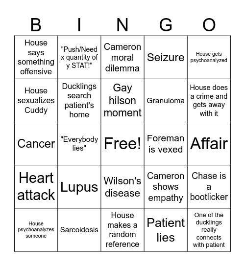 House M.D. Bingo Card