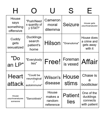 House M.D. Bingo Card