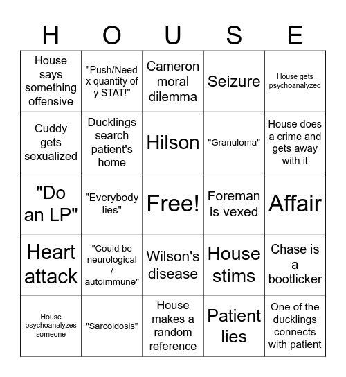 House M.D. Bingo Card