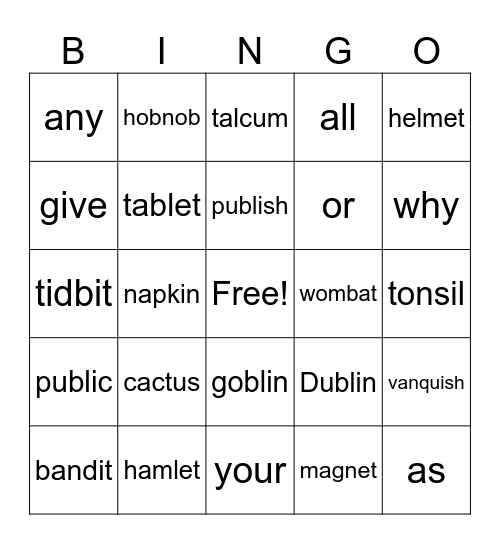 2 Syllable Words Bingo Card