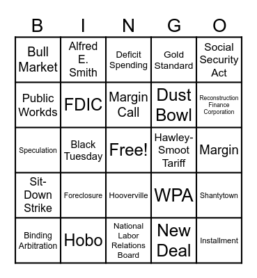 Great Depression Terms Bingo Card