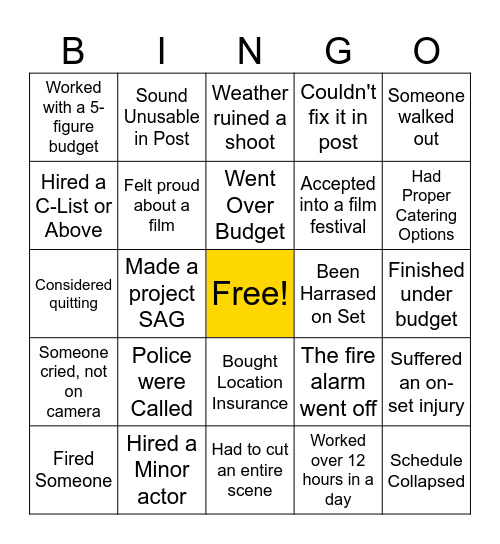 Film Producer's Bingo Card