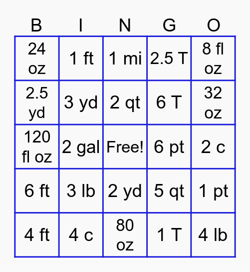 Customary Unit Conversions Bingo Card