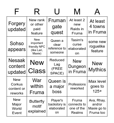 Fruma Trailer/Changelog Bingo Card