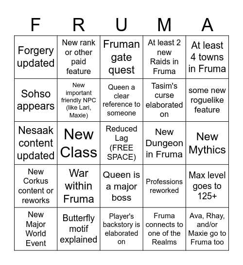 Fruma Trailer/Changelog Bingo Card