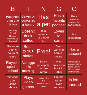 Blood Cancer United Athletics Bingo Card