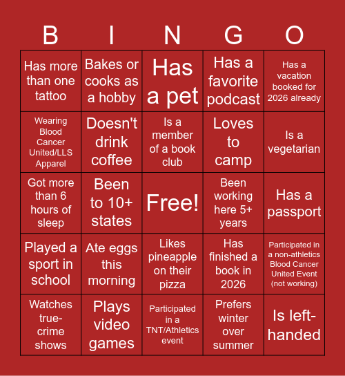Blood Cancer United Athletics Bingo Card