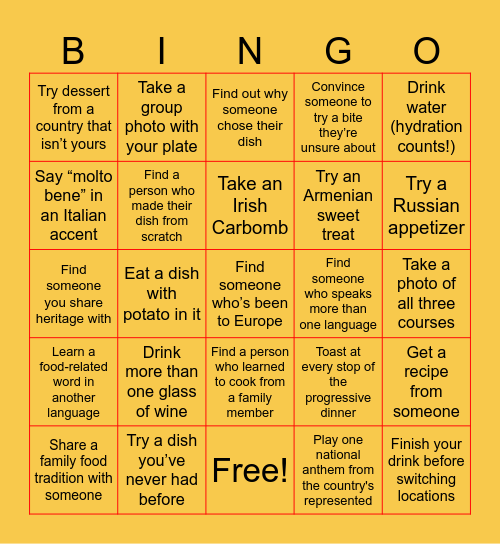 Progressive Heritage Dinner Bingo Card