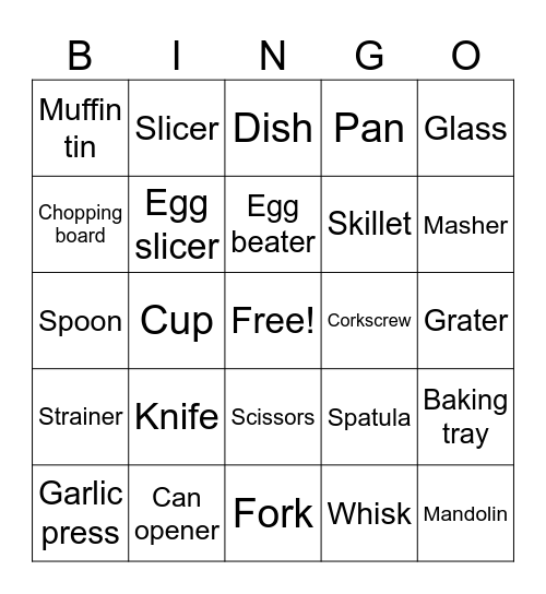 Kitchenware Bingo Card