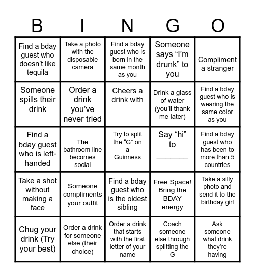 Kiera's Birthday Bingo Card