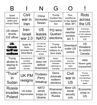 2026 Geopolitics Bingo - Canada edition Bingo Card