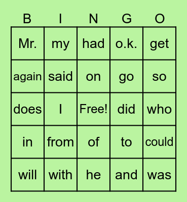 Sight Words Bingo Card