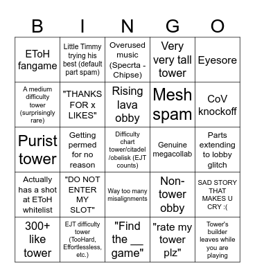 Tower Creator Bingo Card