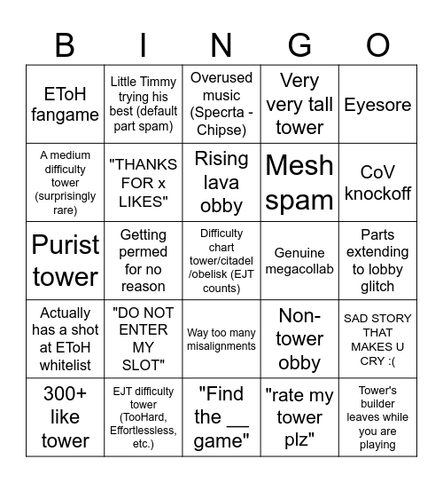 Tower Creator Bingo Card