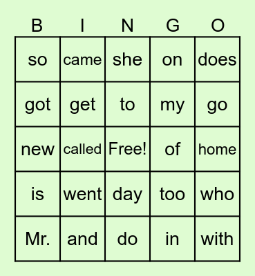 Sight Words Bingo Card