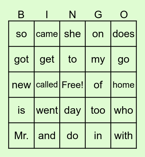 Sight Words Bingo Card