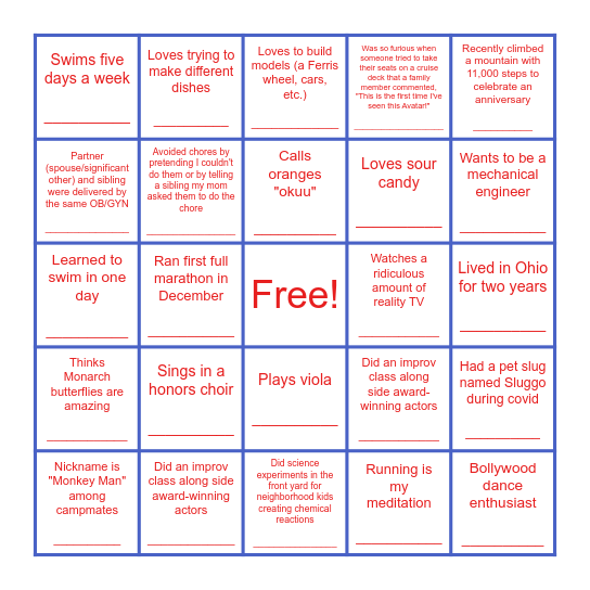 Shidham Family BINGO Card