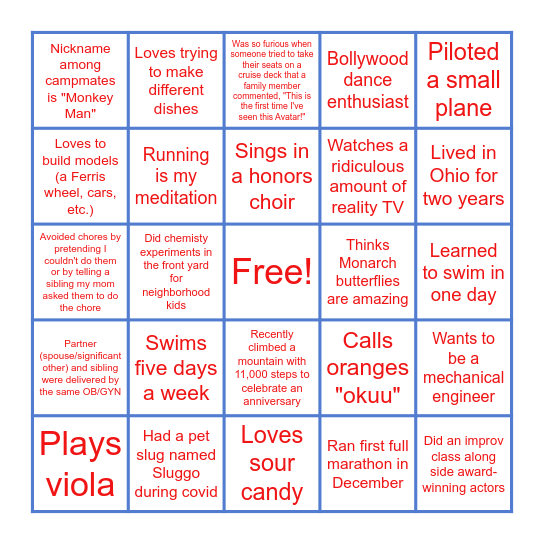 Shidham Family BINGO Card