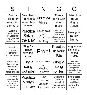 SINGO Bingo Card