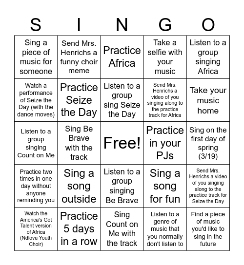 SINGO Bingo Card