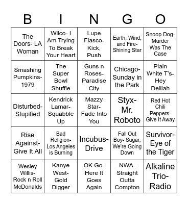 Radio Bingo Chicago vs. Los Angeles Bingo Card