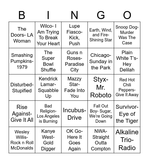 Radio Bingo Chicago vs. Los Angeles Bingo Card