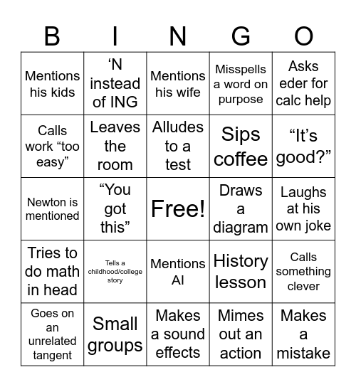 PUTNAM BINGO Card