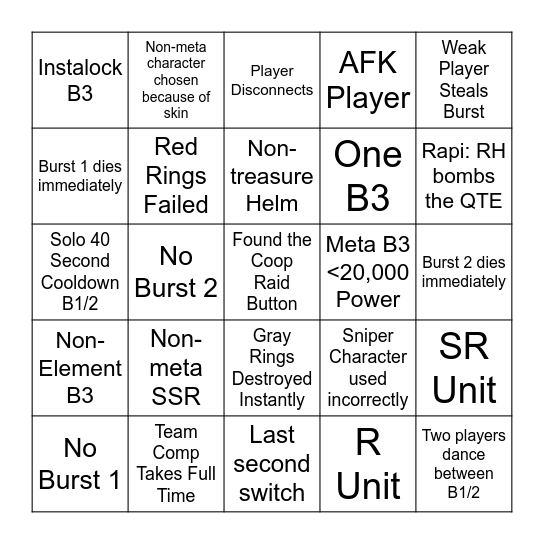 Coop Raid Bingo Card