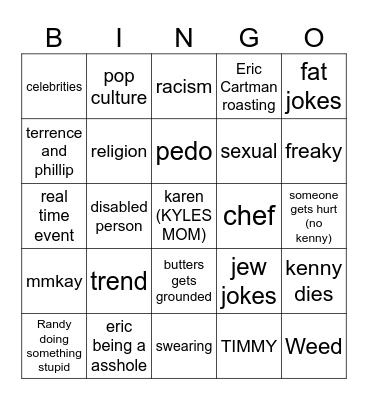 South Park Bingo Card