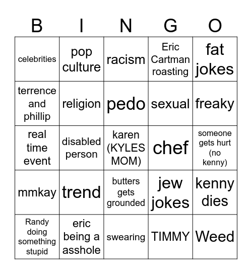 South Park Bingo Card