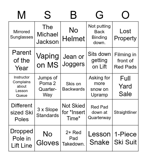 Main Slope Bingo Card