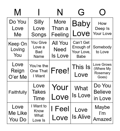 Cupid’s Jukebox 1 Bingo Card