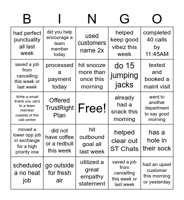 CALL CENTER Bingo Card