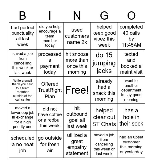 CALL CENTER Bingo Card
