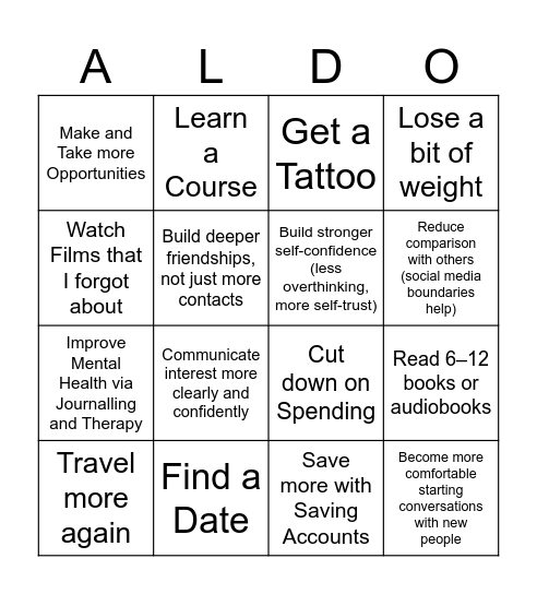 Goals for 2026 Bingo Card