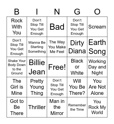 Michael Jackson Songs at PT Bingo Card