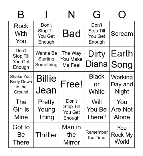 Michael Jackson Songs at PT Bingo Card