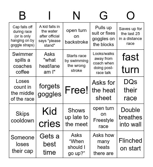 Swim Meet Bingo Card