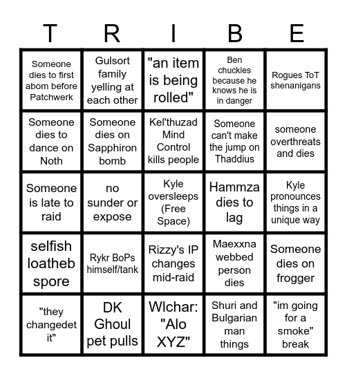 Tribe Naxxramas Bingo Card