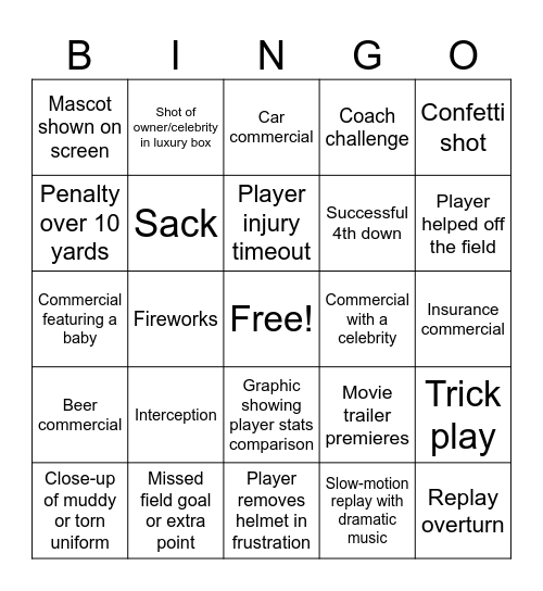 SuperBowl 2026 Bingo Card