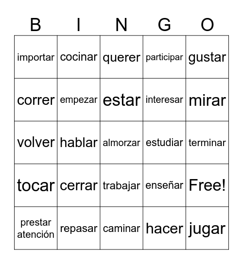 Verbos, español 1, 1/25 Bingo Card