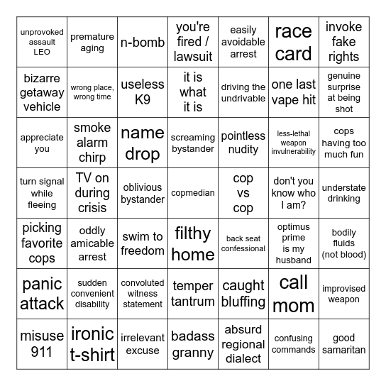 Police Body Cam Bingo Card