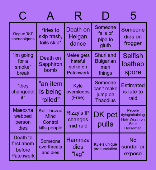 Tribe Naxxramas Bingo Card