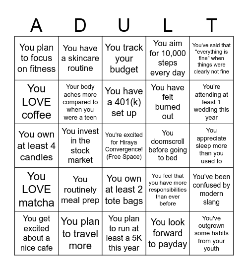 Hiraya Adulting Bingo Card