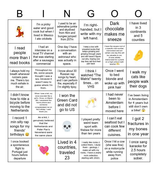 Singles Party Bingo Card