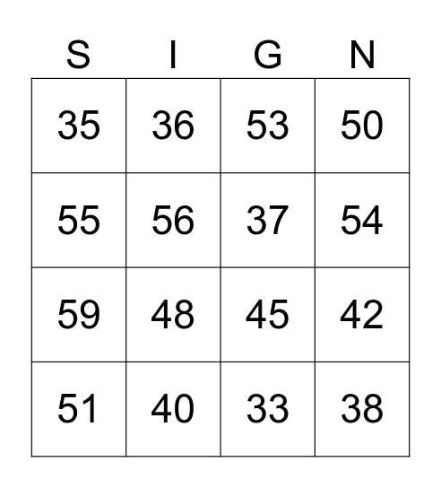 Numbers 30 - 60 Bingo Card