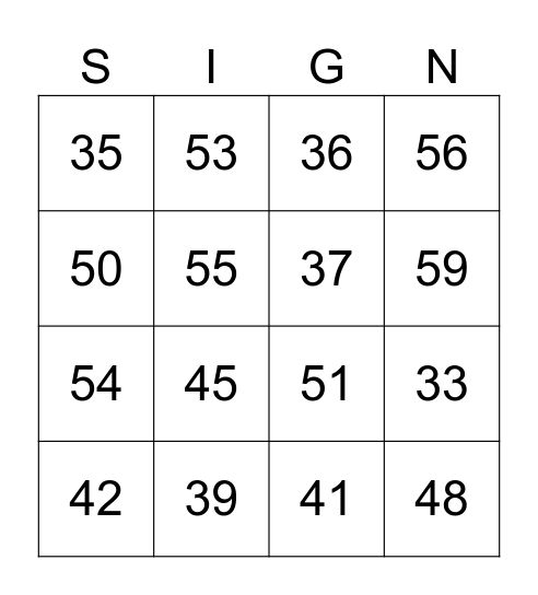 Numbers 30 - 60 Bingo Card