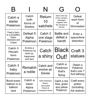 Pokemon Legends Arceus Bingo Card